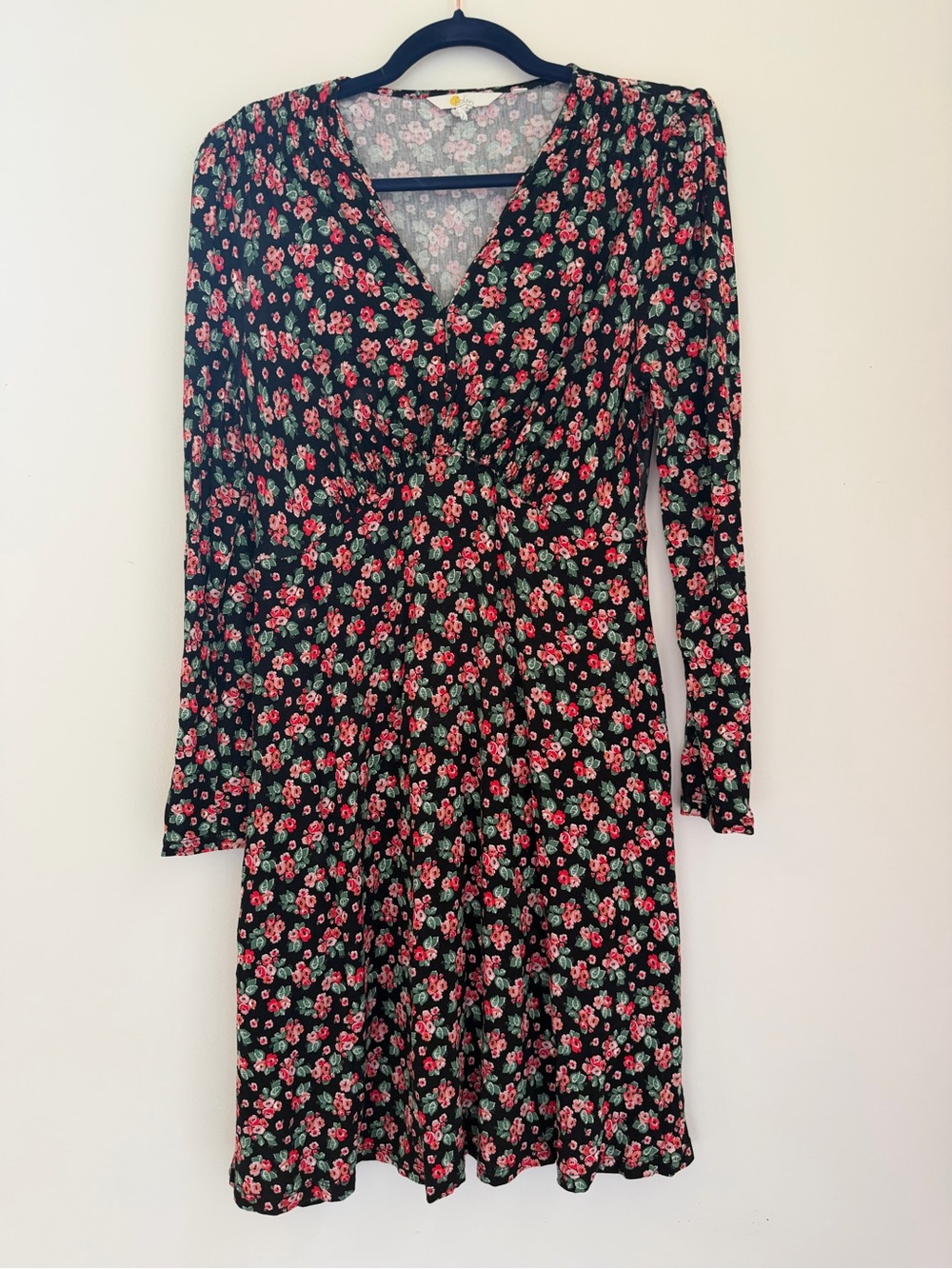 Boden Black Long-Sleeve Floral Wrap Dress with Pink Blooms